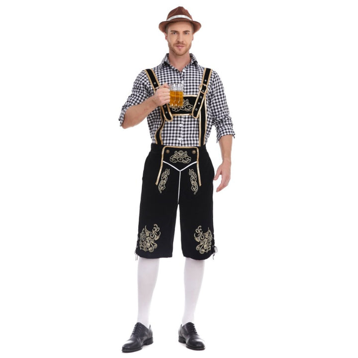 Men's faux-felt leather knee-length pants with baroque embroidery, adjustable straps, and decorative rivets Mune Fashion