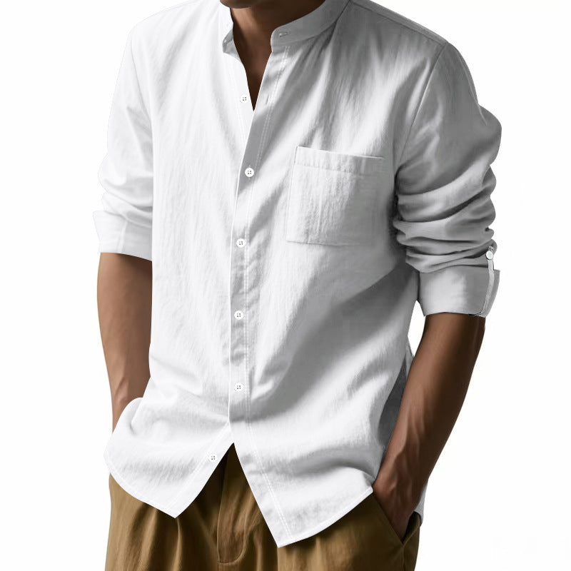 Men's linen-cotton shirt with stand-up collar, roll-up sleeves, and chest pocket Mune Fashion