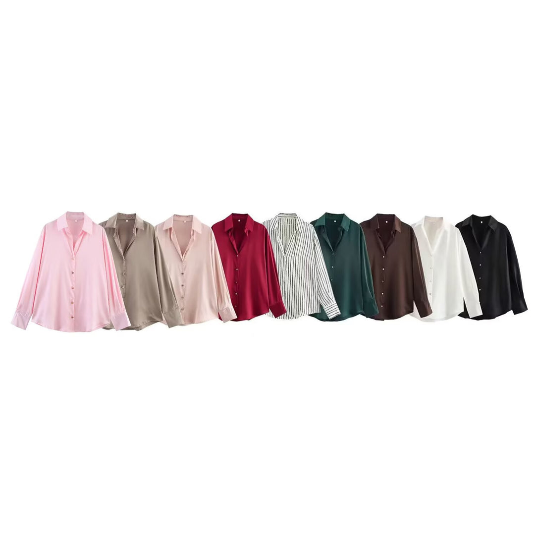 Women's oversized satin blouse with shirt collar, extended cuffs and rounded hem Mune Fashion