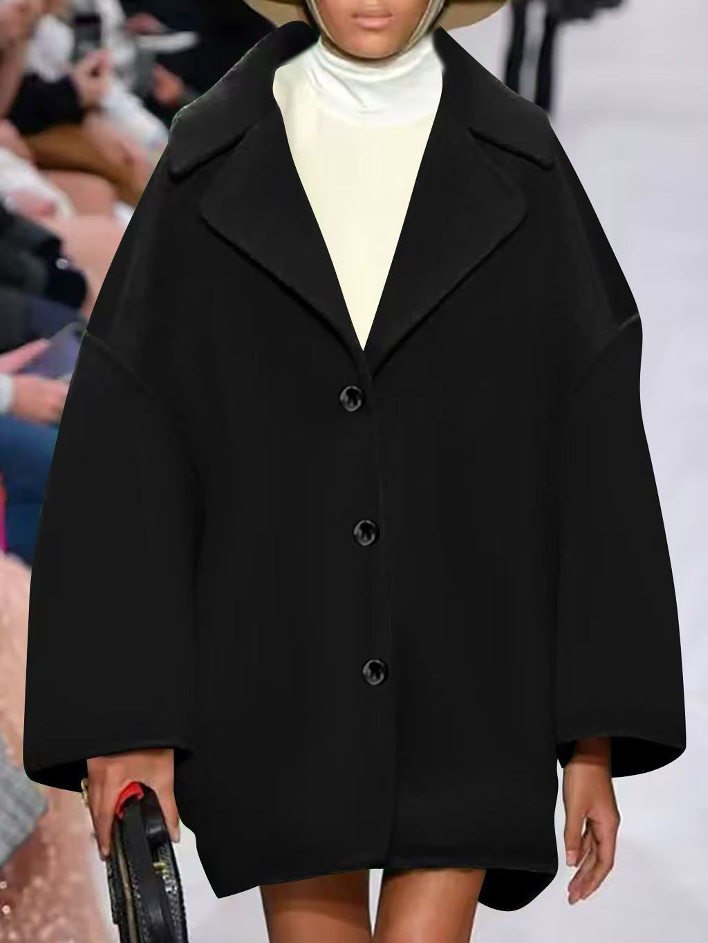 Women's Oversized Short Coat with Wide Lapels and Button Closure Mune Fashion