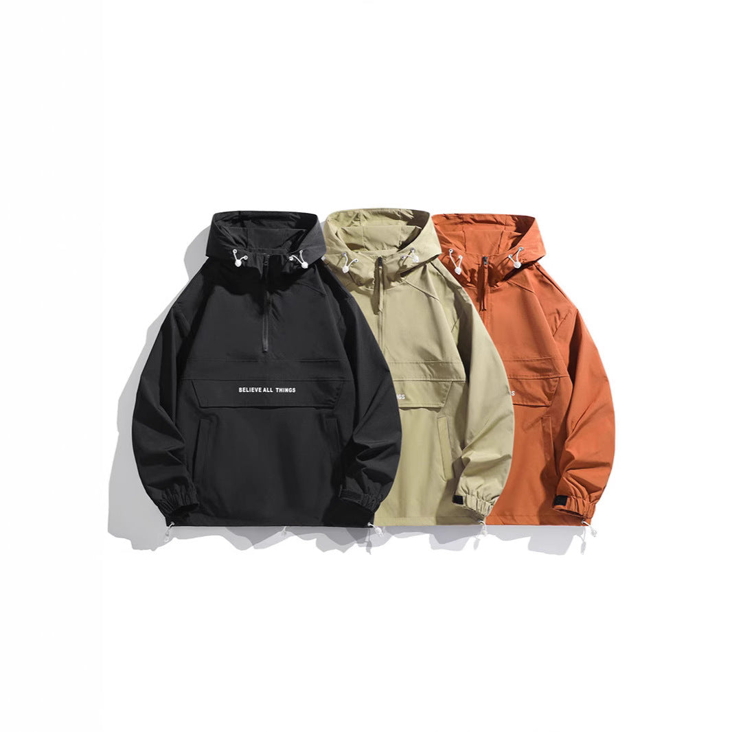 Men's hooded anorak with half zipper, kangaroo pocket and adjustable hem Mune Fashion