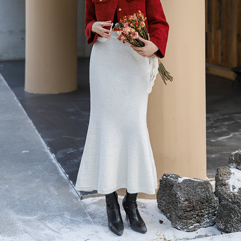Women's figure-hugging knitted midi skirt with glitter fiber and trumpet hem, Mune Fashion