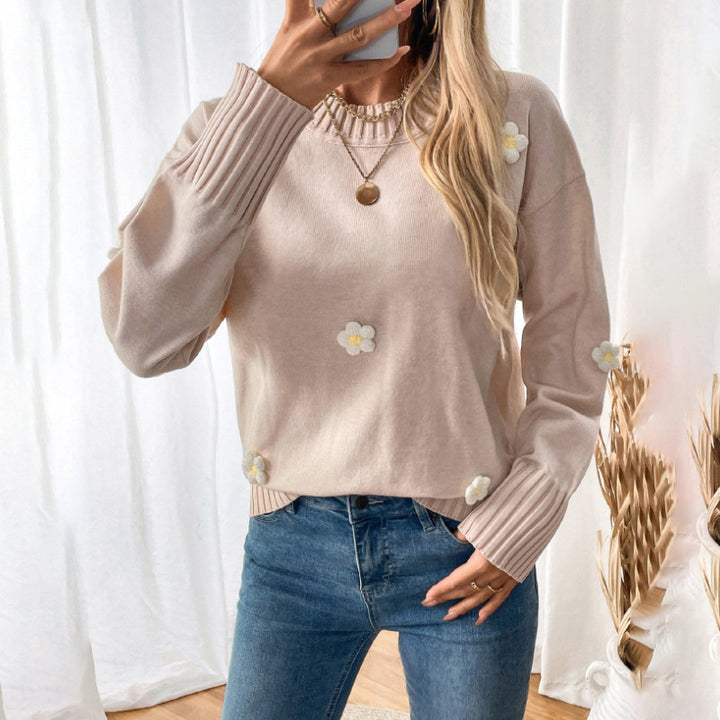 Women's Casual Round Neck Sweater with 3D Flower Appliqués and Ribbed Cuffs Mune Fashion
