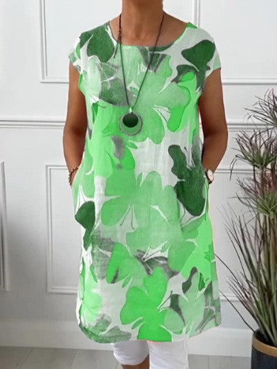 Ladies' airy tunic midi dress made of linen blend with watercolor flower print and side pockets Mune Fashion