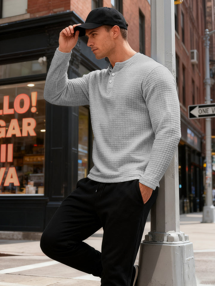 Men's structured Henley long sleeve shirt made of waffle knit with stand-up collar and narrow silhouette Mune Fashion