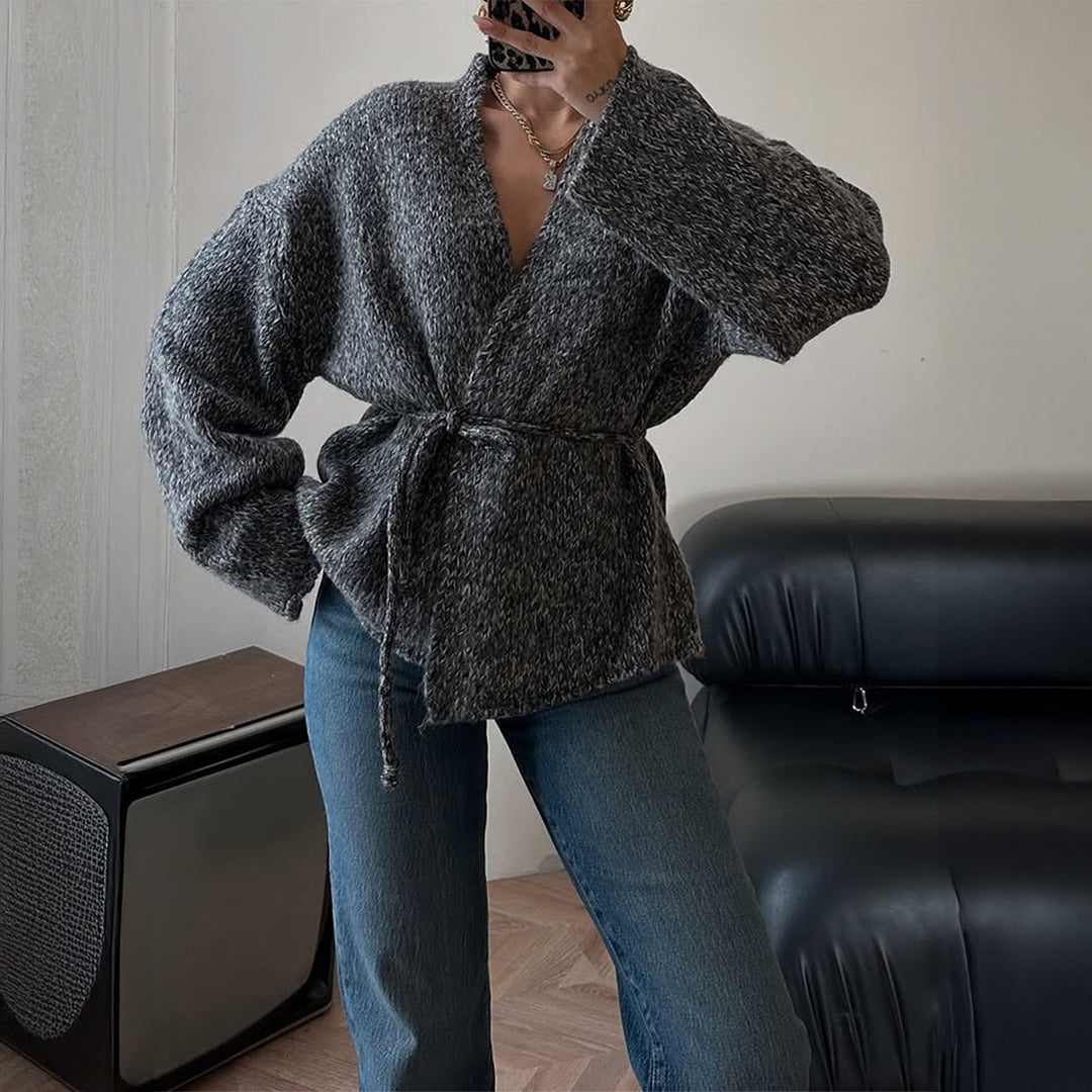 Women nan oversized Bouclé cardigan with waist belt and kimono sleeves Mune Fashion