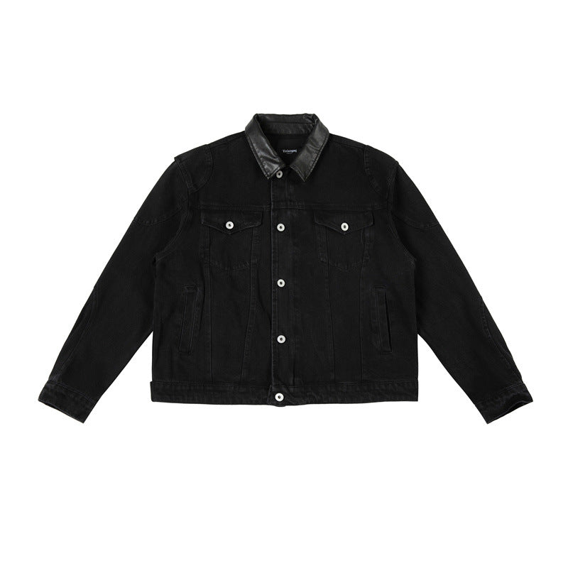 Men's Boxy Denim Jacket with Faux Leather Collar and Visible Metal Buttons Mune Fashion