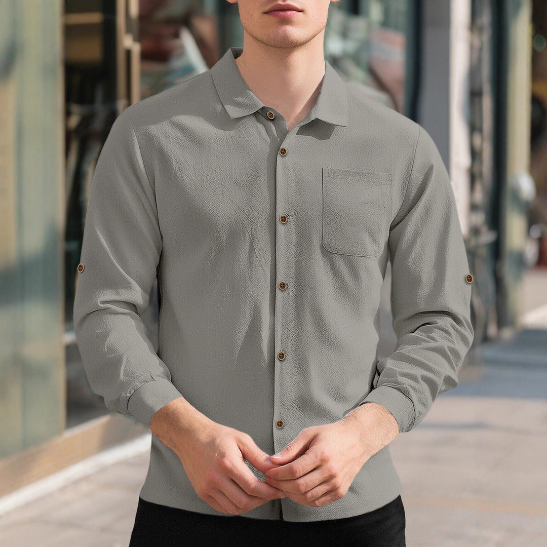 Men's breathable structured business shirt with breast pocket wooden button placket and ergonomic shoulder fit Mune Fashion