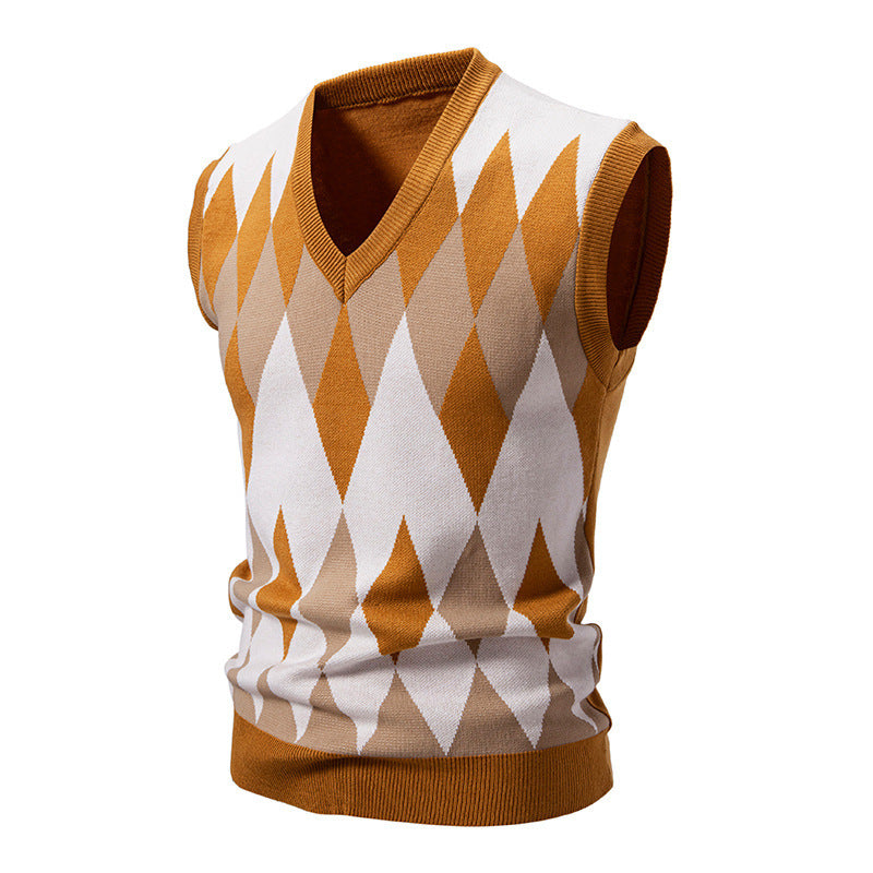 Men's sleeveless argyle knit vest with V-neck and fitted cut Mune Fashion