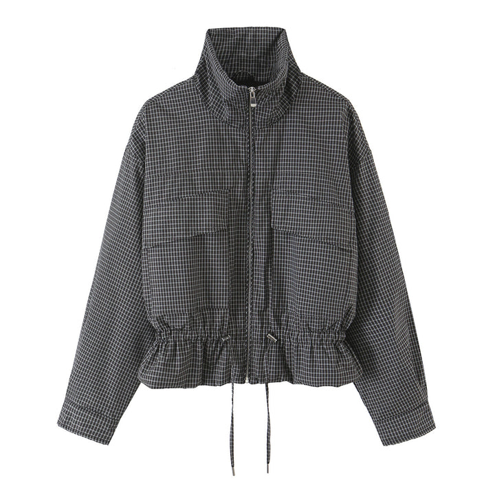 Women's checked, functional transitional jacket with stand-up collar and drawstring Mune Fashion