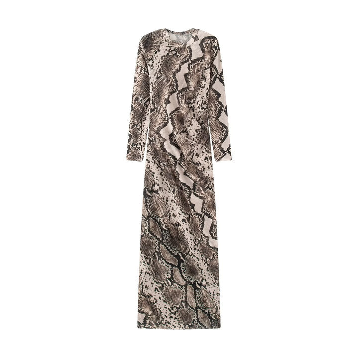 Women Long Bodycon Maxi Dress with Round Neck and Snake Print Mune Fashion