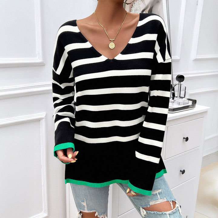 Women's striped V-neck fine knit pullover with extended tunic cut and ribbed hem Mune Fashion