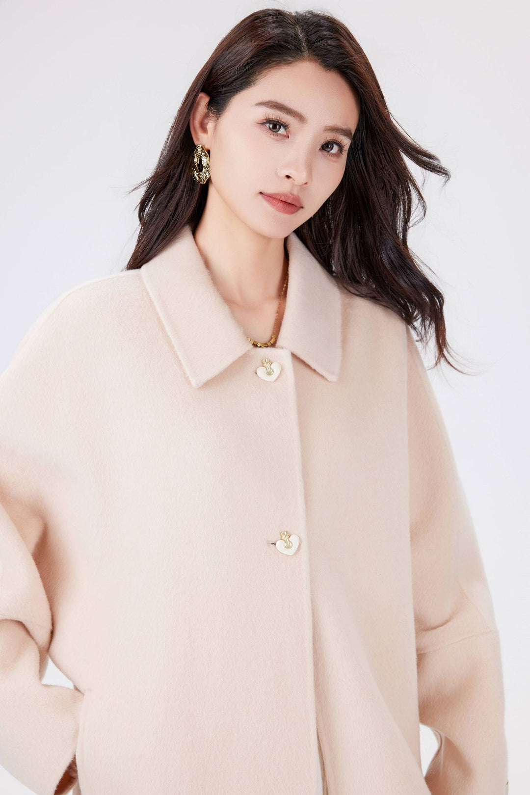 Women's Short Wool Blend Boxy Coat with Decorative Heart Buttons Mune Fashion