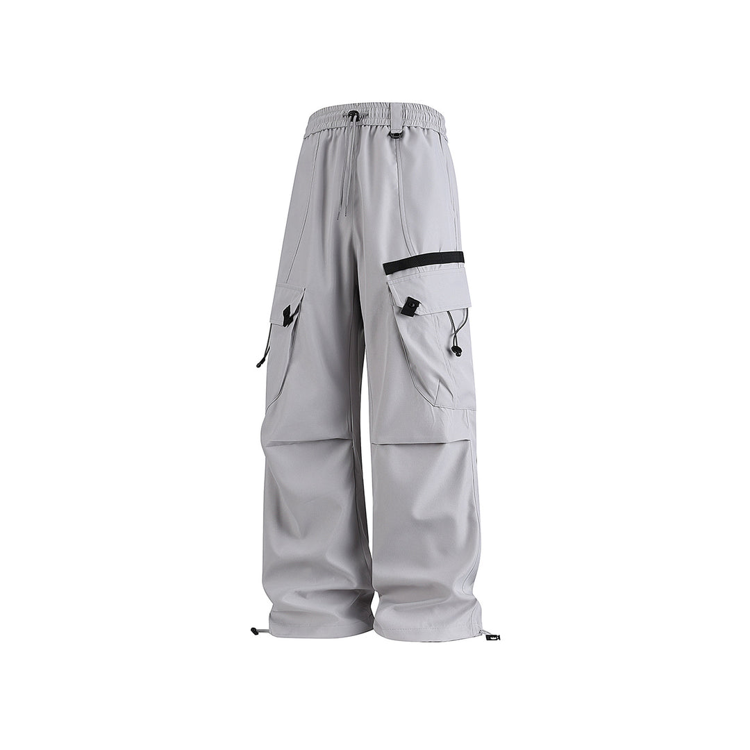 Men's Wide Utility Cargo Pants with Drawstring Waist, Multiple Pockets, and Adjustable Leg Openings Drune