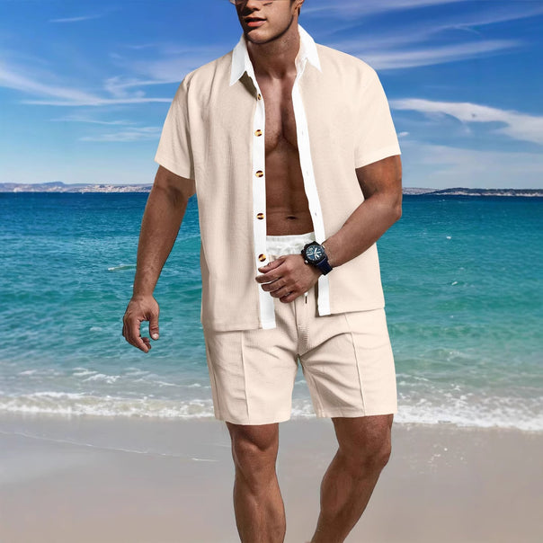 Men's modern leisure set made of fine textured jersey with shirt collar button placket and drawstring shorts Mune Fashion