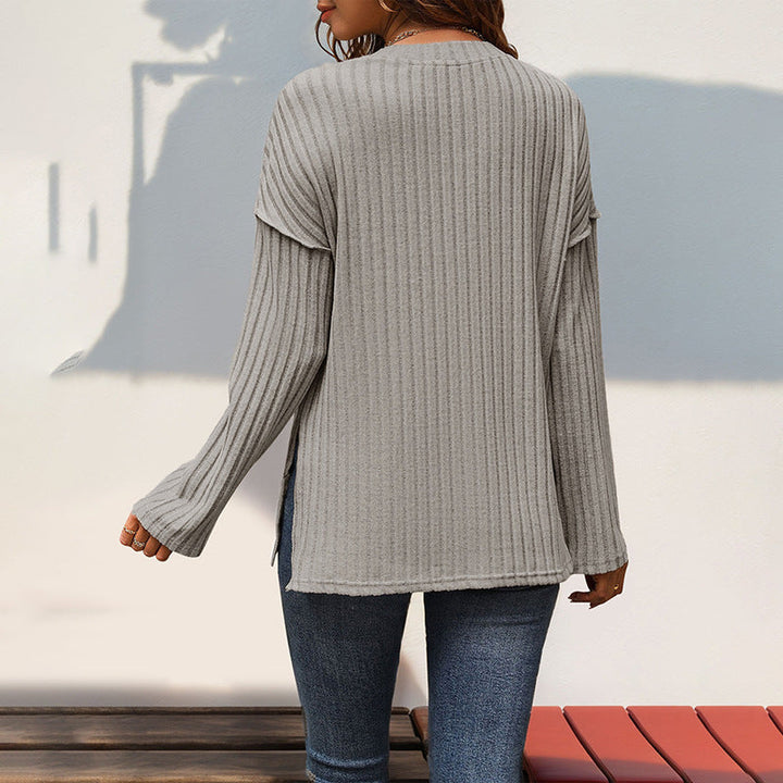 Women Ribbed Henley Sweater with Button Placket and Dropped Shoulder Mune Fashion