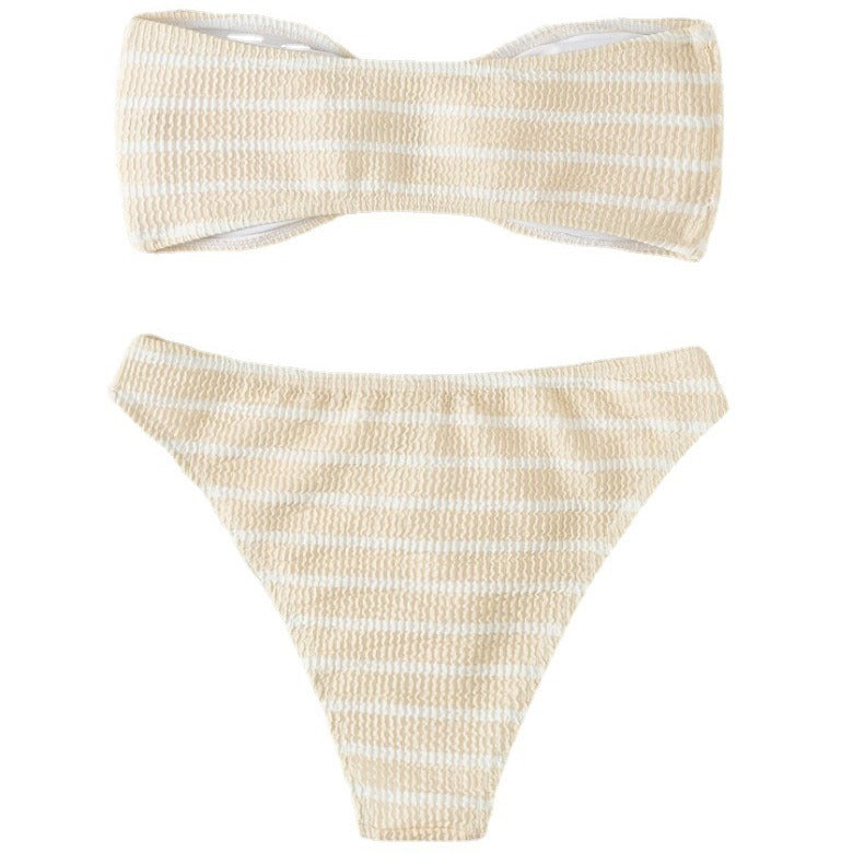 Women's bandeau bikini with a stylish striped pattern and decorative buckle Mune Fashion
