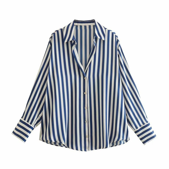 Ladies Oversized Satin Blouse with Shirt Collar and Wide Cuffs Mune Fashion