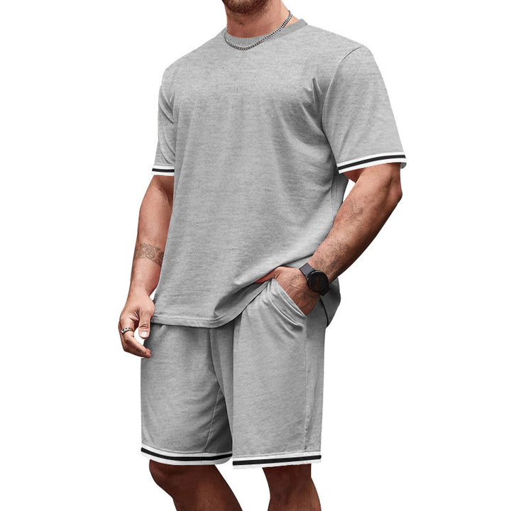 Men's casual jersey set consisting of short-sleeve shirt and bermuda shorts with contrasting stripes, elastic waistband, and insert pockets Mune Fashion