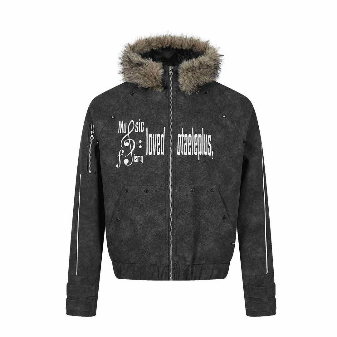 Men's Short-Cut Suede-Look Bomber with Hood, Faux Fur Trim and Statement Print