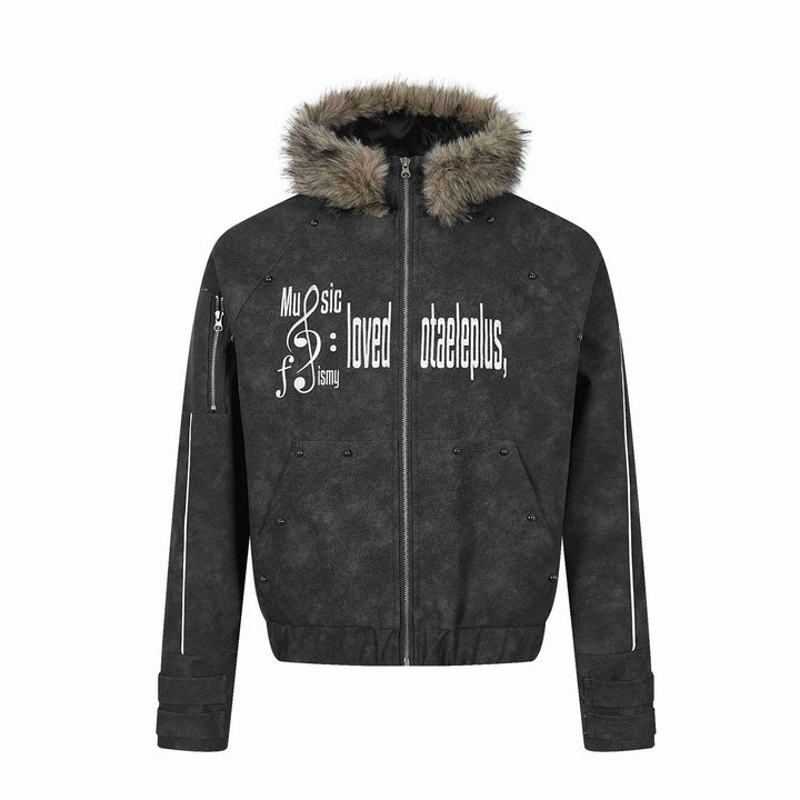Men's Short-Cut Suede-Look Bomber with Hood, Faux Fur Trim and Statement Print
