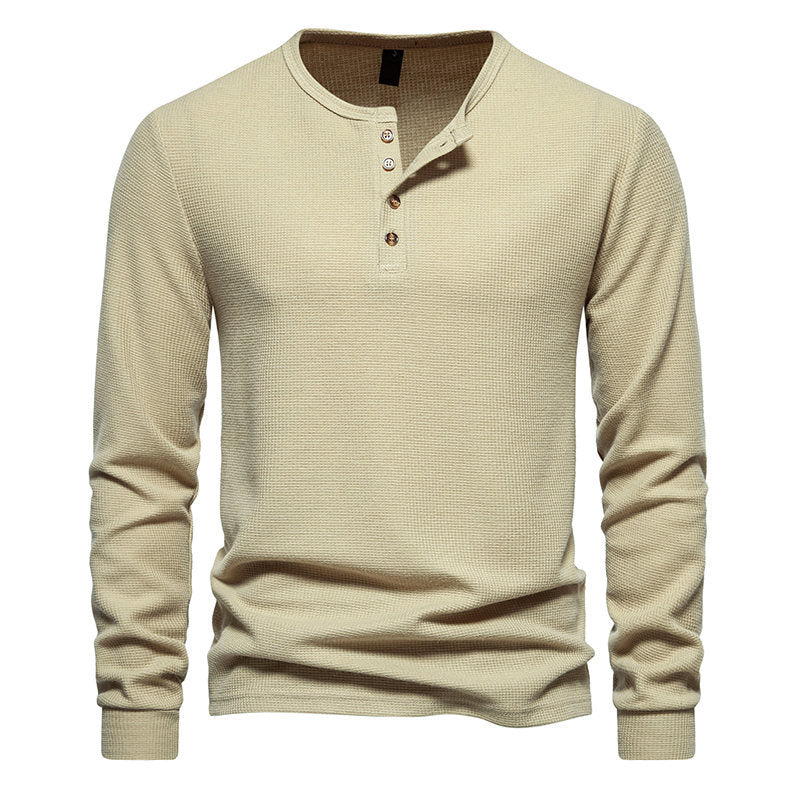 Men's Long Sleeve Henley Shirt with Textured Surface Pattern and Practical Button Details Mune