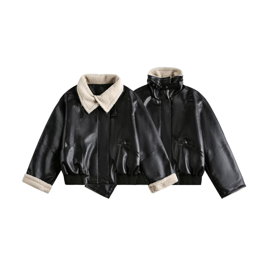 Women’s Modern Aviator Blouson made of vegan leather with teddy collar and contrasted sleeve cuffs Mune Fashion