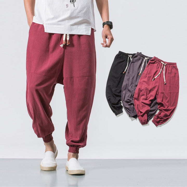 Men's relaxed fit linen joggers with drawstring, inset knee panels, and elastic cuffs Mune Fashion
