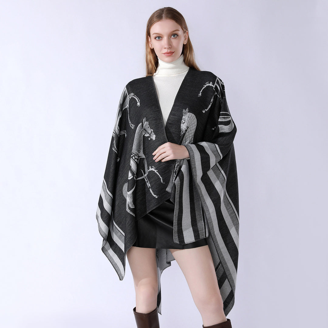 Women Jacquard Poncho Wrap with Horse Motif and Boxy Kimono Silhouette Mune Fashion