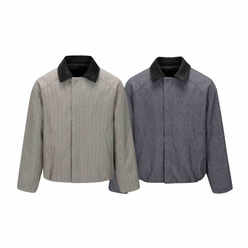 Men's short jacket in herringbone wool blend with leather collar and concealed closure Mune Fashion
