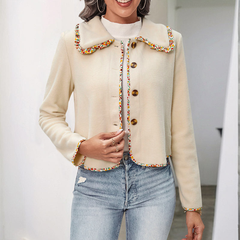 Ladies Elegant Short Jacket with Floral Collar Mune Fashion