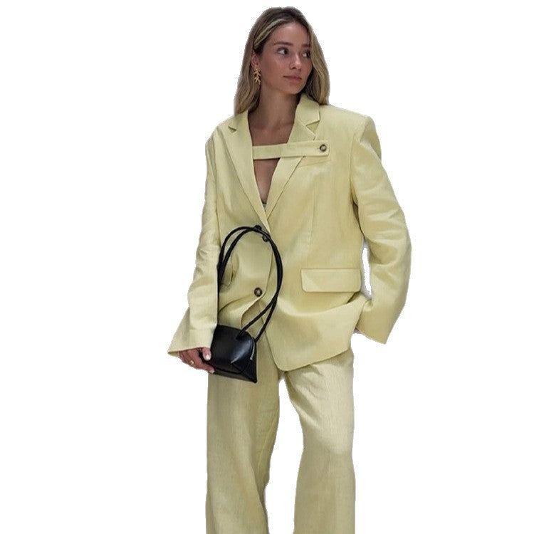 Women's Lightweight Linen Set with Loose-Fitting Blazer and High-Waisted Shorts Mune Fashion