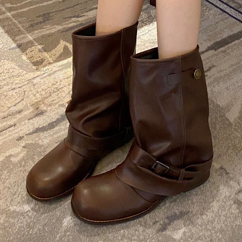 Women Slouch Biker Boots with Gathered Shaft, Decorative Buckle and Flat Profile Heel Mune Fashion