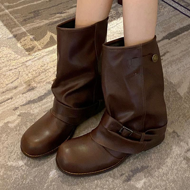 Women Slouch Biker Boots with Gathered Shaft, Decorative Buckle and Flat Profile Heel Mune Fashion