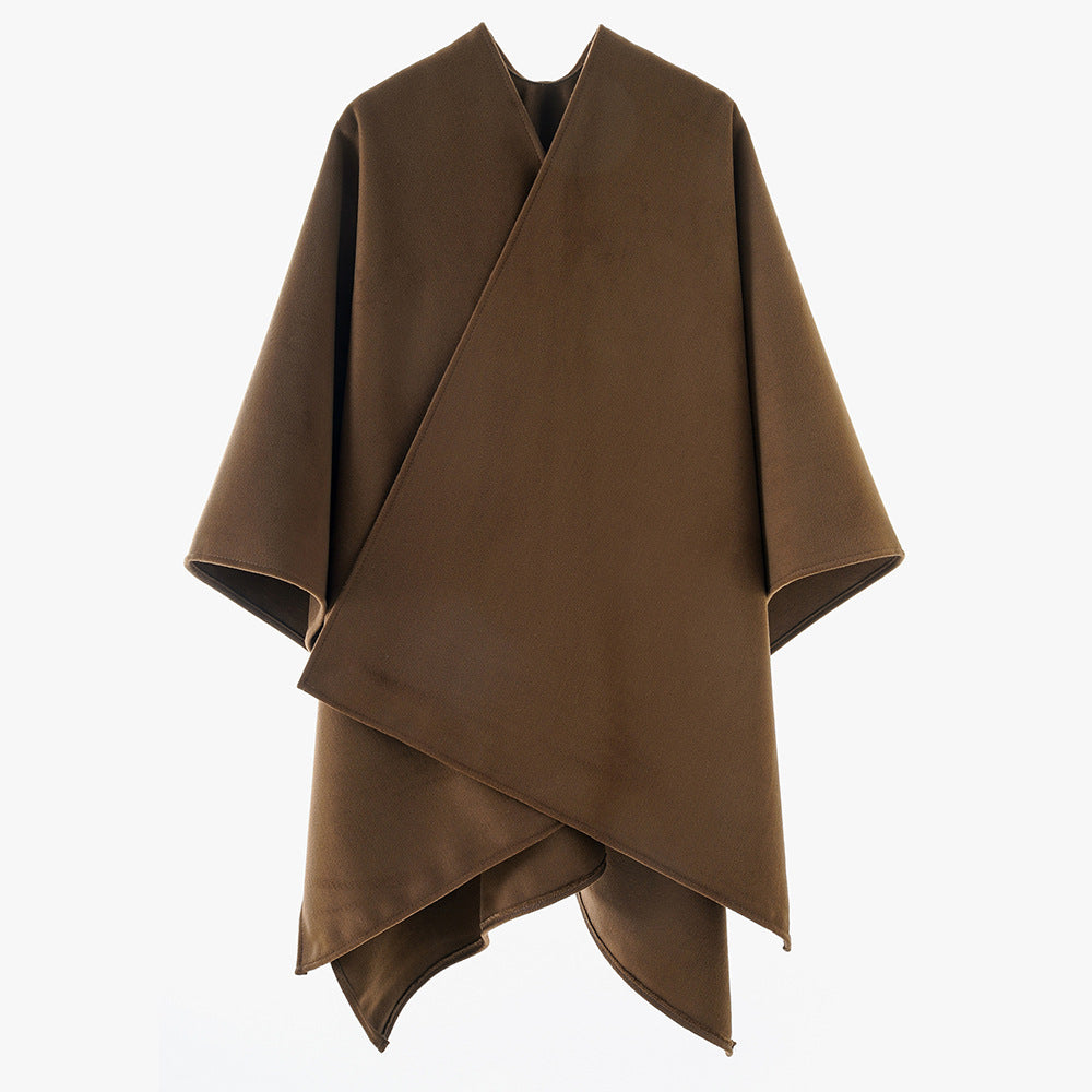 Women Minimalist Wrap Cape made of Wool Blend with V-Neck and Asymmetrical Hem Mune Fashion