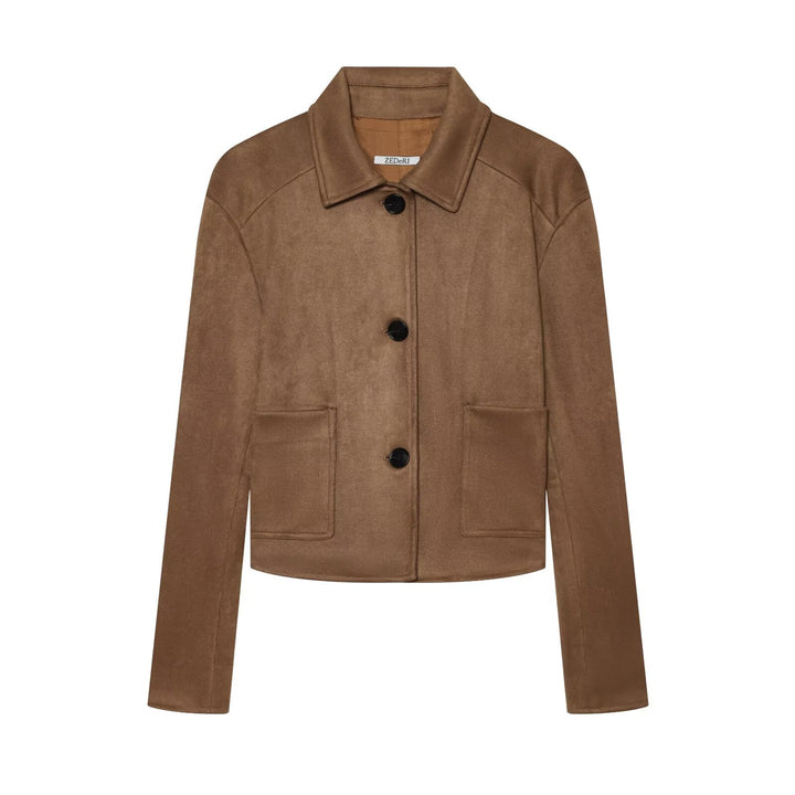 Ladies short-cut suede blazer with shirt collar and patch pockets Drune