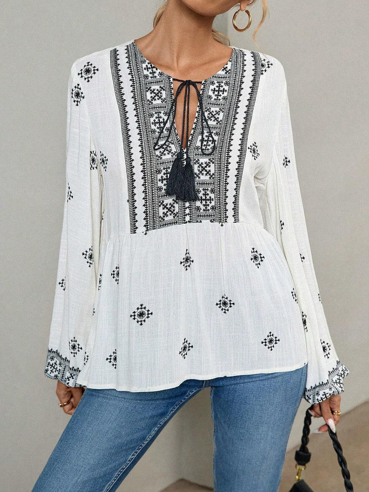 Women Embroidered Boho Tunic Blouse with Tassel Bands and Layered Hem Mune Fashion
