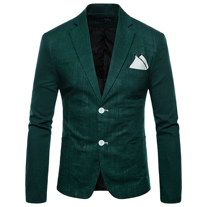 Men's elegant tailored linen blazer with notched collar, contrast buttons, and pocket square detail Mune Fashion