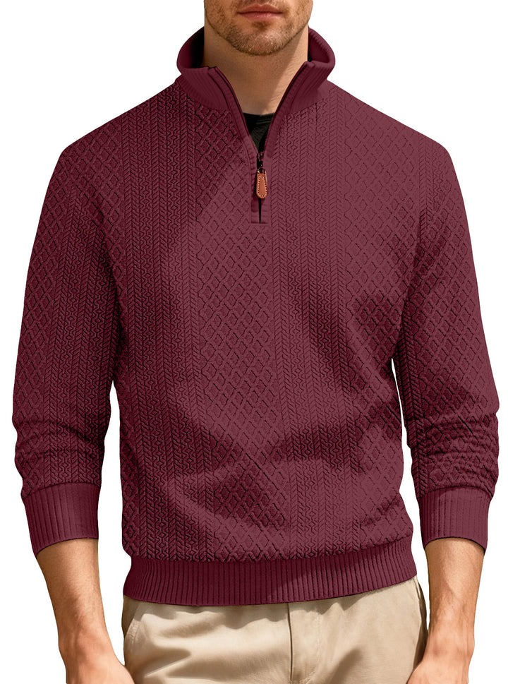 Men's half-zip pullover in fine-structured jacquard relief with high stand-up collar and leather zipper Mune Fashion