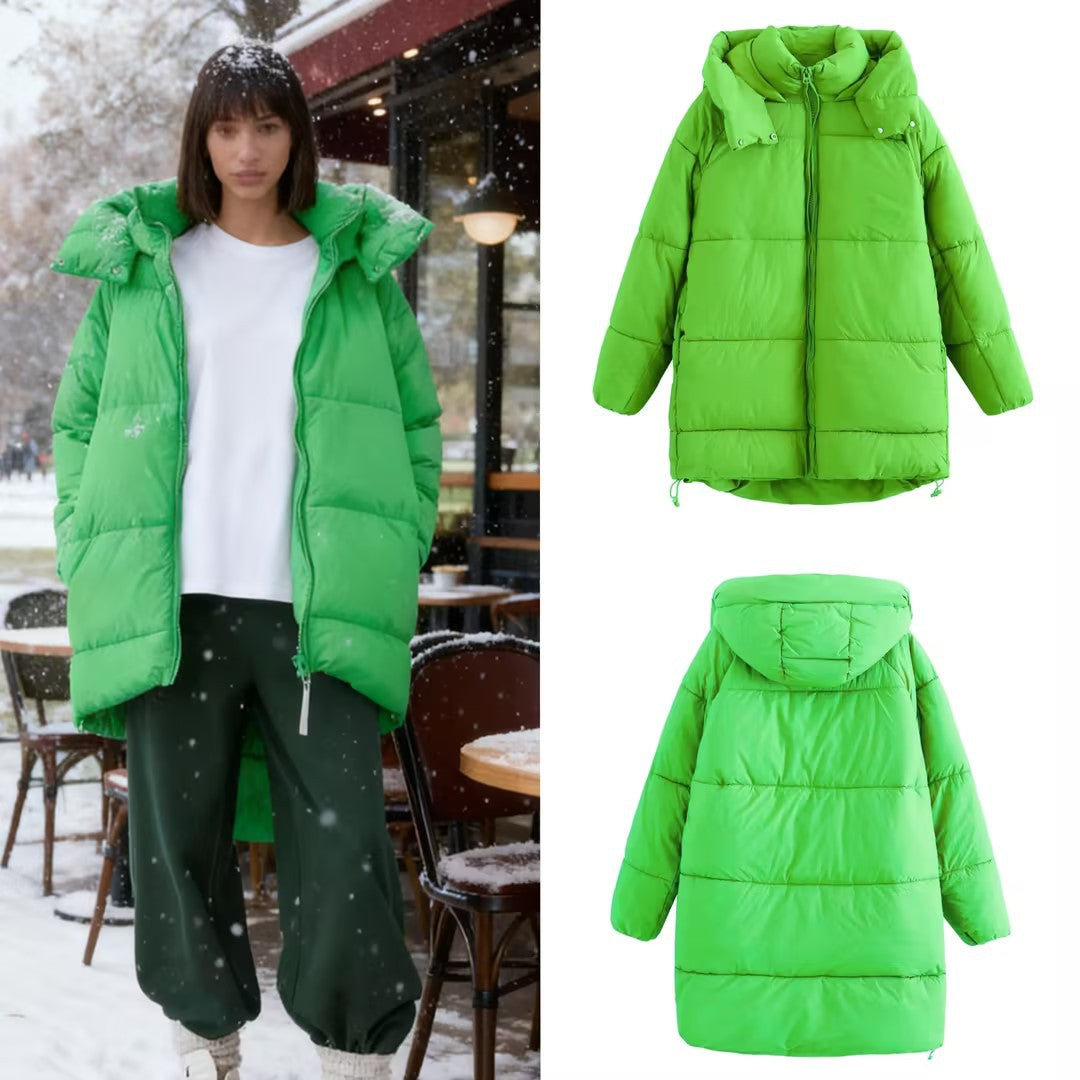 Women's Longer Quilted Down-Effect Coat with High Collar, Hood and Drawstring Mune Fashion