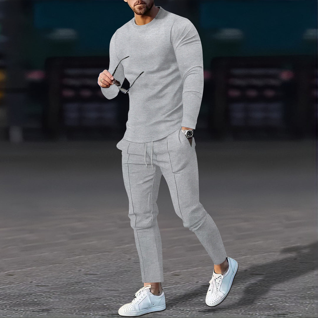 Men's modern lounge set made of fine stretch jersey with round neck long sleeve and tapered cargo jogger Mune Fashion