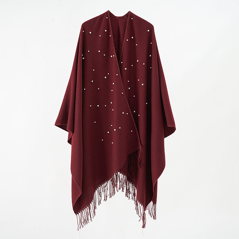 Women Cashmere-look Throw Poncho with Bead Application Mune Fashion