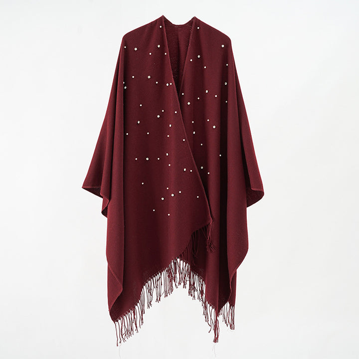 Women Cashmere-look Throw Poncho with Bead Application Mune Fashion