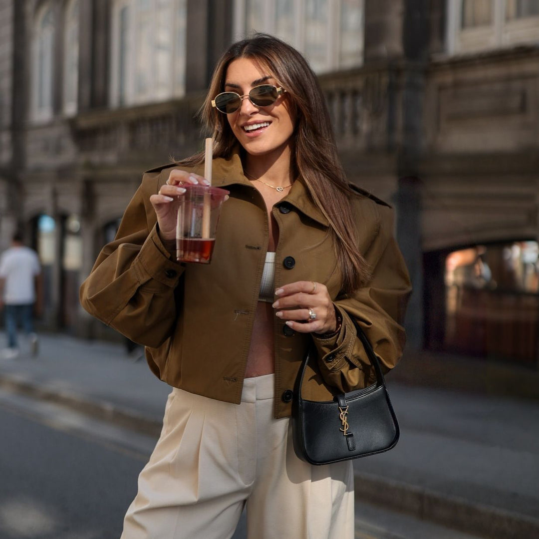 Women Short Boxy Trench Coat with Pleat Overlay and Epaulettes Mune Fashion