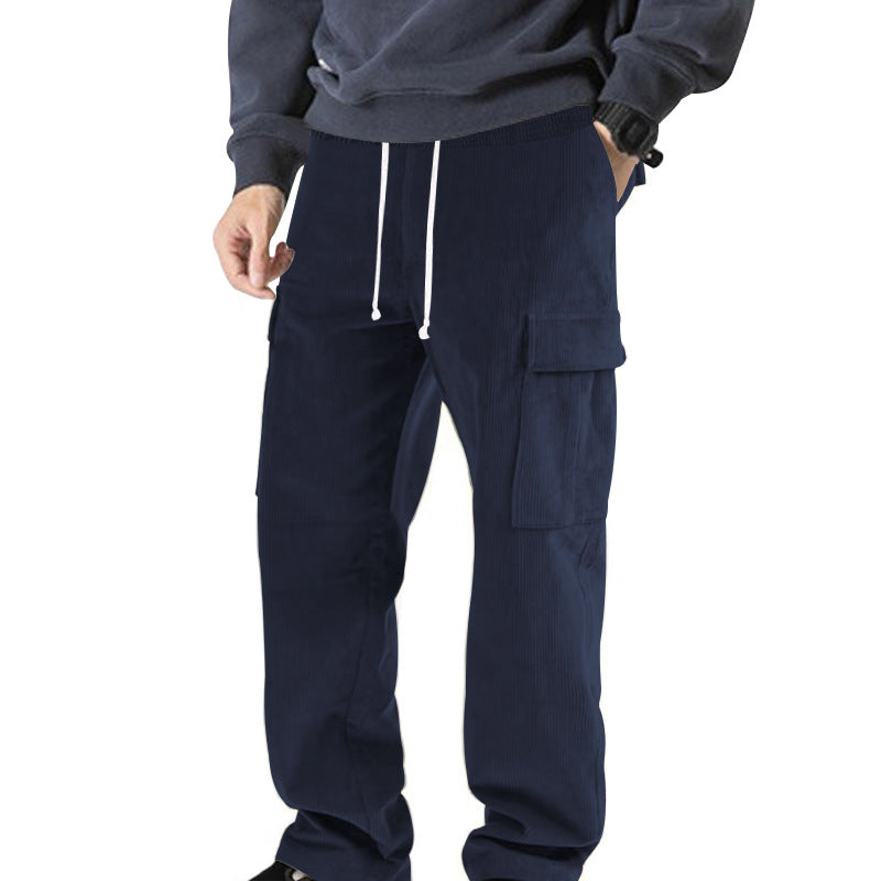 Men's ribbed comfortable cargo pants with elastic drawstring waistband and low-set flap pockets Mune Fashion