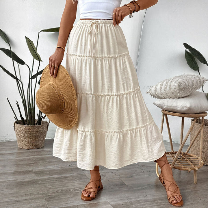 Women’s tiered maxi skirt with elastic drawstring waistband and light crinkle quality Mune Fashion