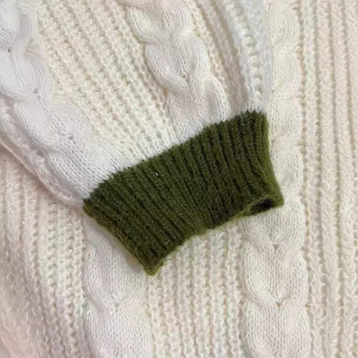 Women's knitted oversized cardigan with cable pattern, V-neck, button placket, and floral sleeve embroidery Mune Fashion