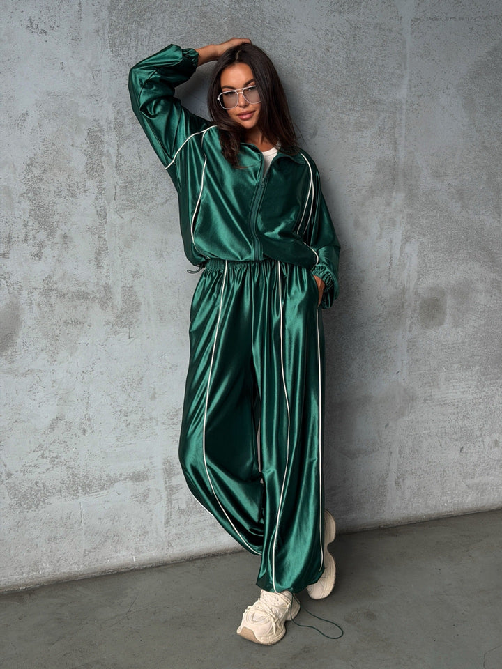 Women's Satin Tracksuit with Zip Jacket and Loose Elastic Waist Pants Mune Fashion