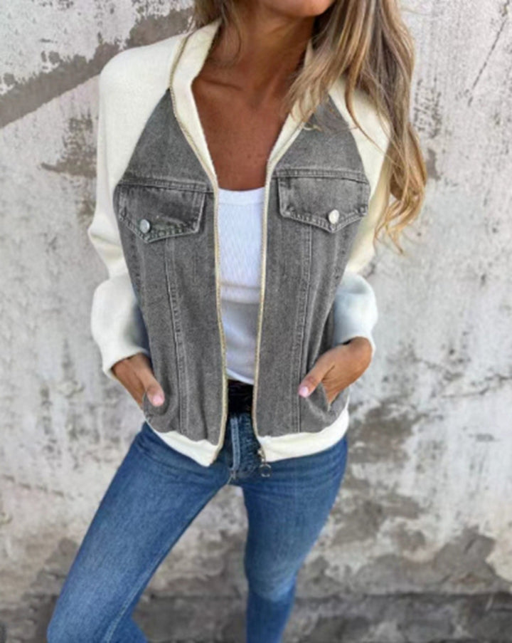 Women's Sweat-Jeans-Bomber Jacket with Raglan Sleeves, Breast Pockets, and Zipper Mune Fashion
