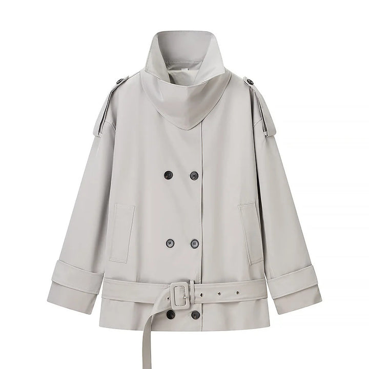 Women's short cut double-breasted trench coat with waist belt and high stand-up collar Mune Fashion